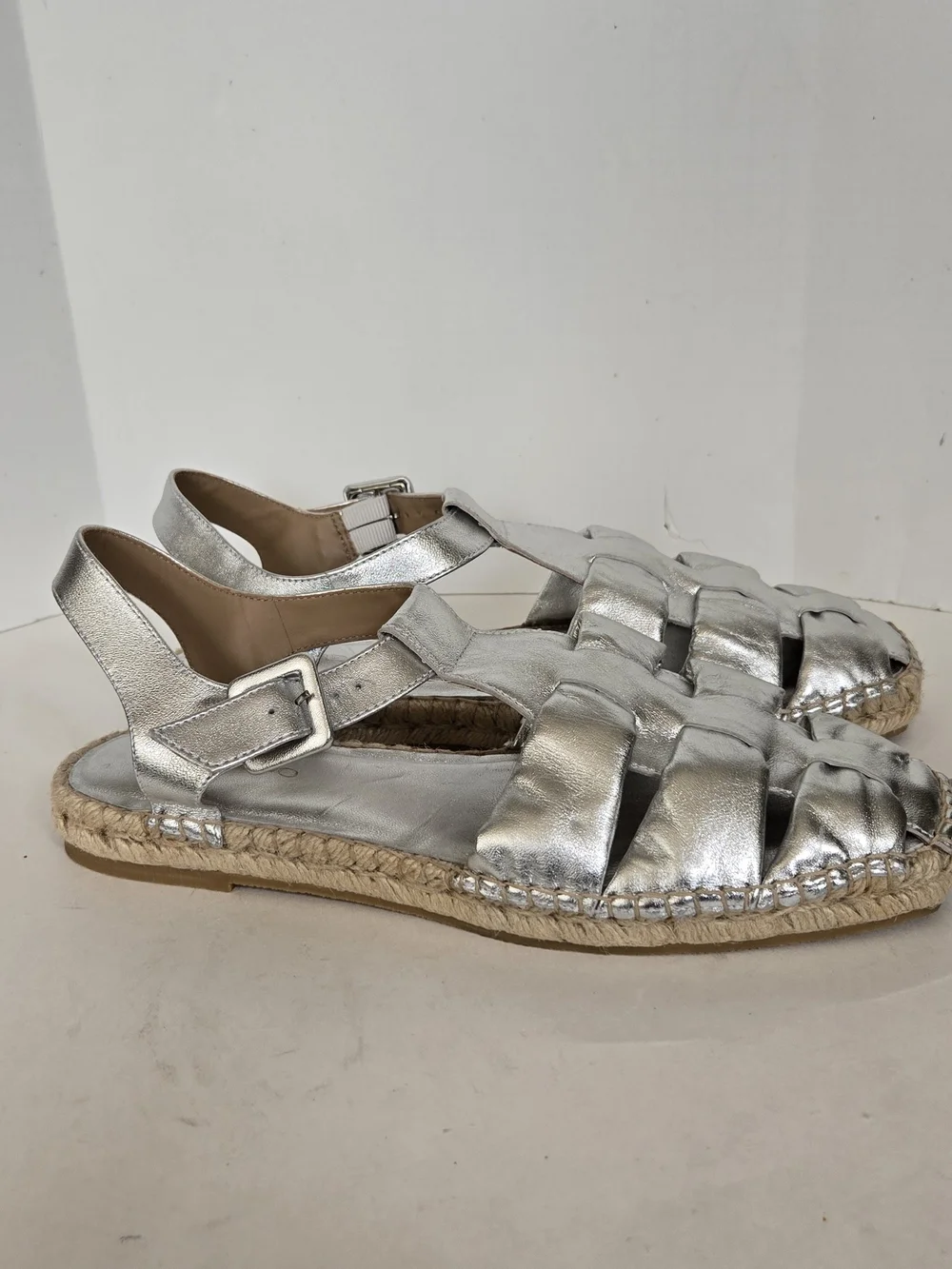 Bernardo Silver Woven Espadrille Sandals with Ankle Strap Fisherman Style